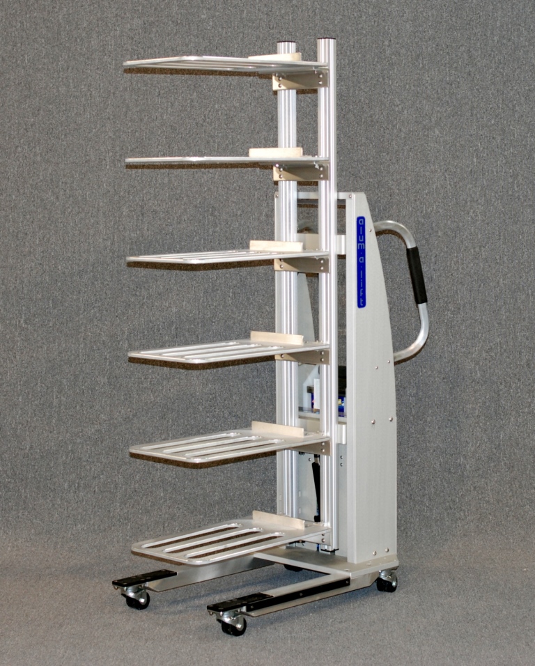 Multi-Platform Lift for Handling Laptop Computers on Trays