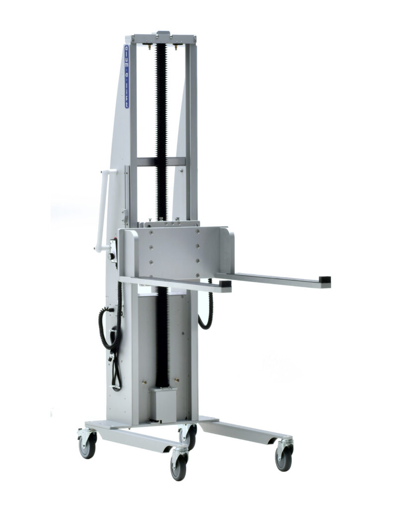 Ergonomic non marring forkset lift for custom die fixtures, class 1000 (ISO 6) cleanroom rating, adjustable limit switches, safety overload/obstacle encounter