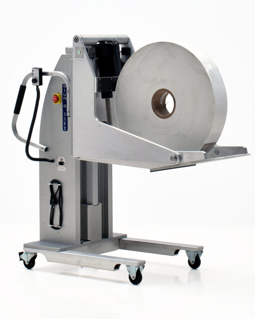 Ergonomic powered eject/unload spool handling lift, stainless steel retaining bump, automatic spool tension cradle