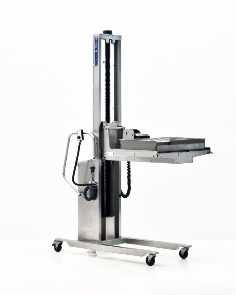 Ergonomic Pharmaceutical Freezer Shelf Tray Loading Lift, Powered pusher/puller with Force Limiter, Docking, rack system, stainless-steel,