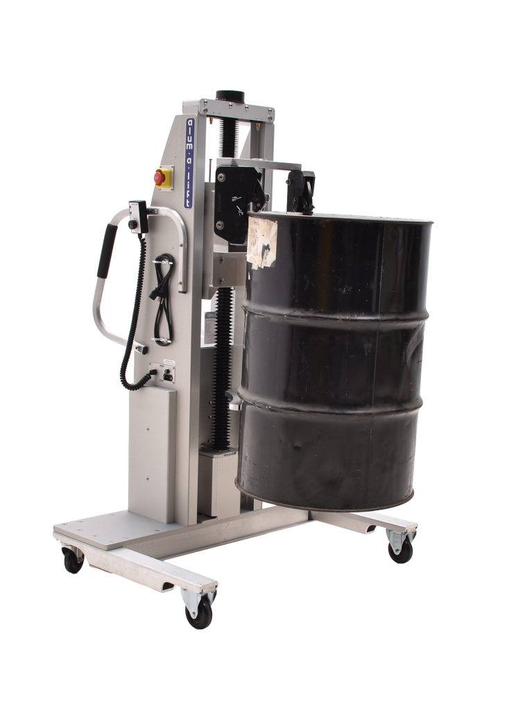 Lifting assist device to handle 660 lb. drums. Using Parrot's Beak Gripper.